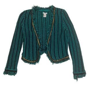 Y2K Cache Cropped Woven Cardigan S | Fringe Trim, Metallic Gold Trim, Vintage